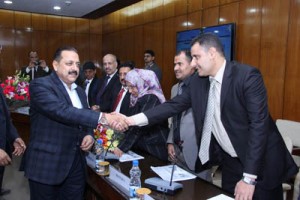 Union Minister Dr Jitendra Singh being introduced to the members of visiting delegation of the Republic of Yemen at New Delhi on Monday.