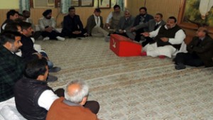 NC provincial president Devender Singh Rana chairing a meeting of party leaders on Tuesday.