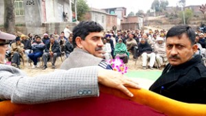 BJP State president and MP Jugal Kishore Sharma addressing a public meeting at Chingus on Wednesday. -Excelsior/Bhat
