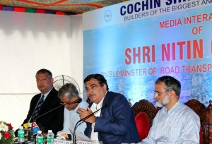 Union Minister for Road Transport & Highways and Shipping, Nitin Gadkari addressing a press conference, at Cochin Shipyard on Friday.