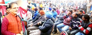 BJP State general secretary and MLA from Gandhi Nagar Constituency, Kavinder Gupta addressing public meeting on Thursday.