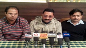 UDC office bearers addressing a press conference at Udhampur on Sunday.