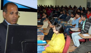 Prof Ramesh Bansal delivering a lecture at SMVDU on Monday.