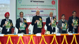 SKUAST-J Vice Chancellor and others releasing souvenir during inaugural of national seminar on Thursday.