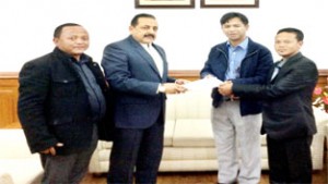 A deputation from East Khasi Hills in Meghalaya submitting a proposal for "rural market complex" to Union DoNER Minister Dr Jitendra Singh at New Delhi.