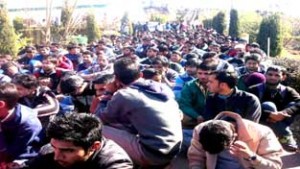 Engineering students of BGSBU staging protest dharna outside VC’s office in Rajouri on Thursday. -Excelsior/ Bhat