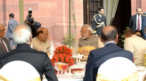 Prime Minister Narendra Modi and Union Home Minister Rajnath Singh at the Conference of Governors at Rashtrapati Bhavan in New Delhi on Thursday.