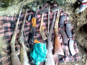 Arms and ammunition recovered by police at Gandoh in Doda district on Friday. — Excelsior/Tilak Raj
