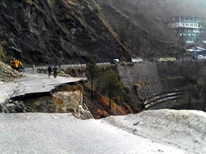 A portion of road at Magarkot in Ramban which was washed away on Friday.