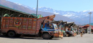 Trucks from Pok stranded at Salamabad Trade Centre in Uri on Tuesday. -Excelsior/ Aabid Nabi