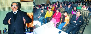 Director, Vidya Mandir Classes, Dr Sanjeev Verma delivering lecture during a seminar on Monday.