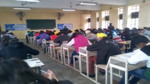 Students taking scholarship test conducted by ‘steps’ at Government Boys Polytechnic College, Bikram Chowk at Jammu