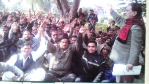 Excelsior Correspondent  JAMMU, Feb 1: National Mazdoor Conference (NMC) president Subash Shastri today appealed the Prime Minister to intervene into the matter of regularization of 62,000 daily rated workers in Jammu and Kashmir. He said this while addressing a rally of NMC activist here today. Shastri stated that the State BJP had assured support to the regularization demand of daily rated workers. “Daily rated workers are having high hopes from Prime Minister and Governor of J&K that they will consider the demand of regularization of daily rated workers and take a favorable action soon”, he added. He appealed to the Governor to release two pending installment of 17 per cent DA at the earliest as another installment of 6 per cent DA has also got due from January 2015. Shastri said that the early release of pending DA will strengthen the bonds between the employees and the State Government, adding that delay in such matter is not in the interest of State exchequer. He also demanded issuance of regularization order of 180 daily wagers working in RDD, release of pending wages of daily wagers, creation of special heads, release of pending salary and regularization of motivators working in IWDP-Phase II, enhancement in medical allowance to Rs 1,000 per month, enforcement of CP Fund Deduction Scheme to all State Government departments. Among others present were Rajan Babu Khajuria, Sunil Kochhar, Sham Lal Sharma, Surinder Kumar, Bhupinder Singh, Sudesh Bhagat, Paramjit, Barkat Ram, Karnail Singh, Pawan Sharma, etc.