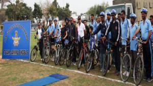 Cyclists sweating-it-out during a rally organized by Indian Air Force (IAF) in Jammu.