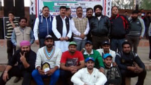 Winners of quarterfinal posing for a group photograph at Sports Stadium in Kathua on Saturday.