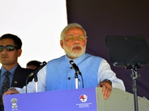 Prime Minister Narendra Modi delivering his inaugural speech at the 10th Aero India Show at Yelahanka air base near Bengaluru on Wednesday. (UNI)
