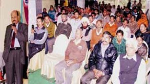 Senior Congress leader Abdul Gani Vakil addressing Seva Dal workers in Jammu on Thursday.