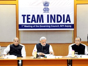 Prime Minister Narendra Modi chairing 'Team India', the first meeting of the Governing Council of NITI Aayog, in New Delhi on Sunday. (UNI)