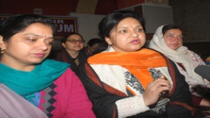 JKTF Women Wing leaders addressing a press conference at Jammu on Sunday. — Excelsior/Rakesh