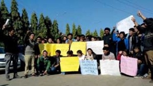 Zanaskar students protesting in front of Press Club Jammu on Wednesday.      —Excelsior/Rakesh