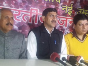MP Jugal Kishore Sharma addressing a press conference at Jammu on Sunday. -Excelsior/Rakesh