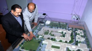 Union DoNER Minister Dr Jitendra Singh inspecting the model and site of the proposed hostel for Northeast students in the campus of Ramanujan College in New Delhi on Wednesday. 