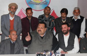 Devender Singh Rana and Dr Kamal Arora interacting with media persons at Jammu on Saturday.— Excelsior/Rakesh