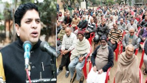 SOS Intl leader Rajiv Chuni addressing DPs’ rally at Rehari in Jammu on Sunday. -Excelsior/Rakesh