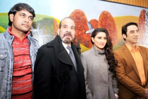 Bollywood actors Faisal Khan, Inayat Sharma and film writer Farooq Ahmad Renzu during a press conference in Srinagar on Monday.     -Excelsior/Amin War