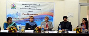 Penalists on dais during discussion programme for MBA students at Kathua Campus on Friday.