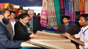 First Lady Usha Vohra at Silk Expo at Kala Kendra, Jammu on Saturday.