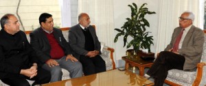 Governor N N Vohra meeting with delegation led by Ravinder Sharma, MLC in Jammu on Wednesday. 