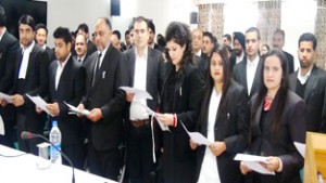 Newly enrolled Advocates taking oath in a function organised by State Judicial Academy on Thursday.