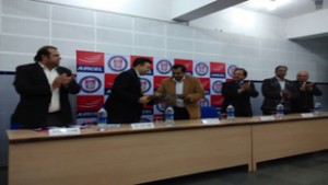 MIET-Aircel officials exchanging MoU in Jammu on Thursday.