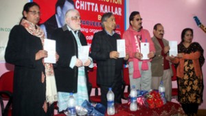 Parveen Kesar’s book ‘Chitta Kallar’ being released at Jammu on Thursday. 