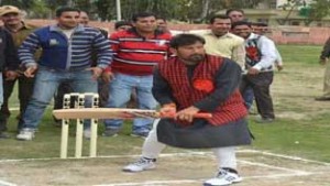 Health Minister Lal Singh waiting for the ball while inaugurating Young Achievers Cricket Tournament at Kathua on Saturday.