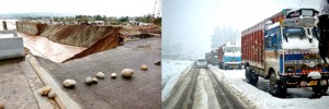 A portion of approach road to 4th Tawi bridge which was washed away in Jammu (left) and trucks stranded on Jammu-Srinagar National Highway near Qazigund in Kashmir. More pics on page No. 3. -Excelsior pics by Rakesh & Sajad Dar