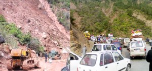 Landslide at Kheri and a view of jam at a link road in Udhampur on Tuesday.