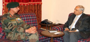 Northern Command chief Lt Gen D S Hooda during a meeting with Chief Minister Mufti Mohd Sayeed in Jammu on Saturday.