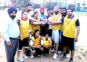 Winners of District Jammu Korfball Championship posing for group photograph at Jammu on Monday.