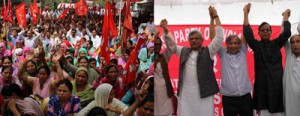 Top CPI(M) leader Sitaram Yechuri, M Y Tarigami and others during rally in Jammu on Saturday.        —Excelsior/Rakesh