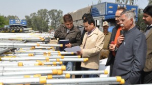 Minister for PHE, Ch. Sukhnandan inspecting PHE Mechanical procurement store at Narwal on Monday. 