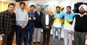 Medal winning fencers of JU posing along with Vice Chancellor, Prof R D Sharma and other dignitaries in Jammu on Monday.
