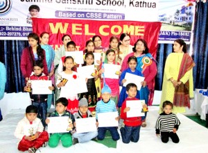 Winners of Talent Hunt Show posing for a group photograph at Jammu Sanskriti School, Kathua on Sunday.