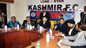 Minister for Sports, Imran Raza Ansari and other dignitaries during a press conference before flaging off Kashmir FC for I-League in Jammu on Wednesday.