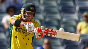 David Warner executing a pull shot during his marathon knock of 178 runs in World Cup match at Perth on Wednesday. 