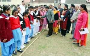 Chief guest interacting with the Physically Challenged players along with other dignitaries at Guru Harkishan Public School in Jammu.