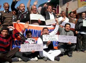 Activists of Jammu West Assembly Movement raising slogans in support of their demands on Wednesday.   