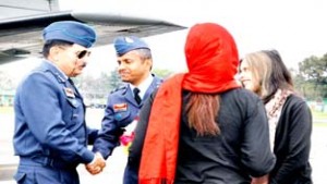 Air Officer Commanding-in-Chief, Central Air Command, Air Marshal K S Gill being received by AOC at Air Force Station in Jammu.