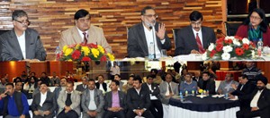 Minister for Finance Haseeb Drabu alongwith MoS Finance Pawan Gupta interacting with trade & business associations and federations in Jammu on Tuesday.